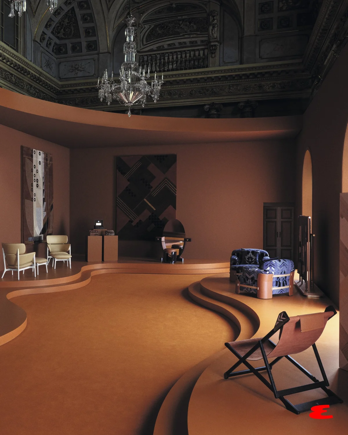 Modern interior design featuring curved floor, stylish furniture, and ornate chandelier in warm tones.
