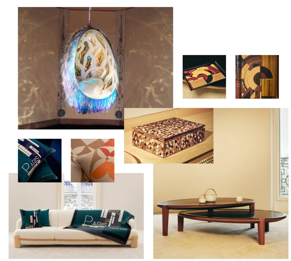 A collection of luxury decor items including pillows, boxes, and a unique hanging light feature.