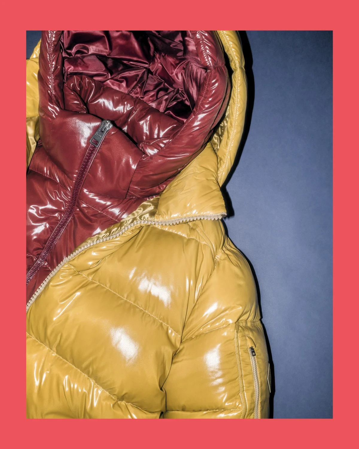 A vibrant yellow and burgundy puffer jacket against a red background.