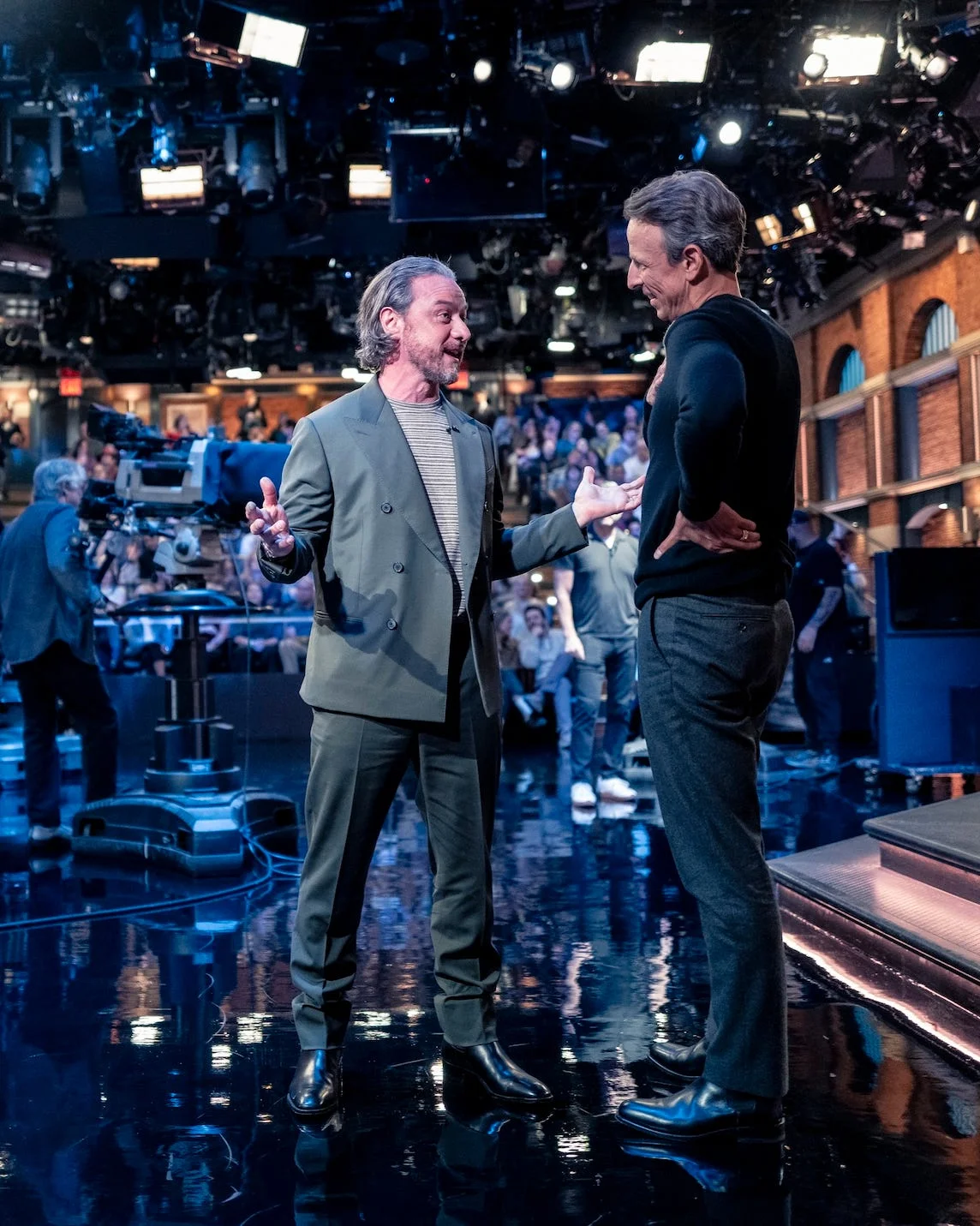Late Night with Seth Meyers - Season 14 late night with seth meyers episode 1838 pictured: (l r) actor director james mcavoy talks with host seth meyers during a commercial break on thursday, october 8, 2026 (photo by: lloyd bishop/nbc via getty images)