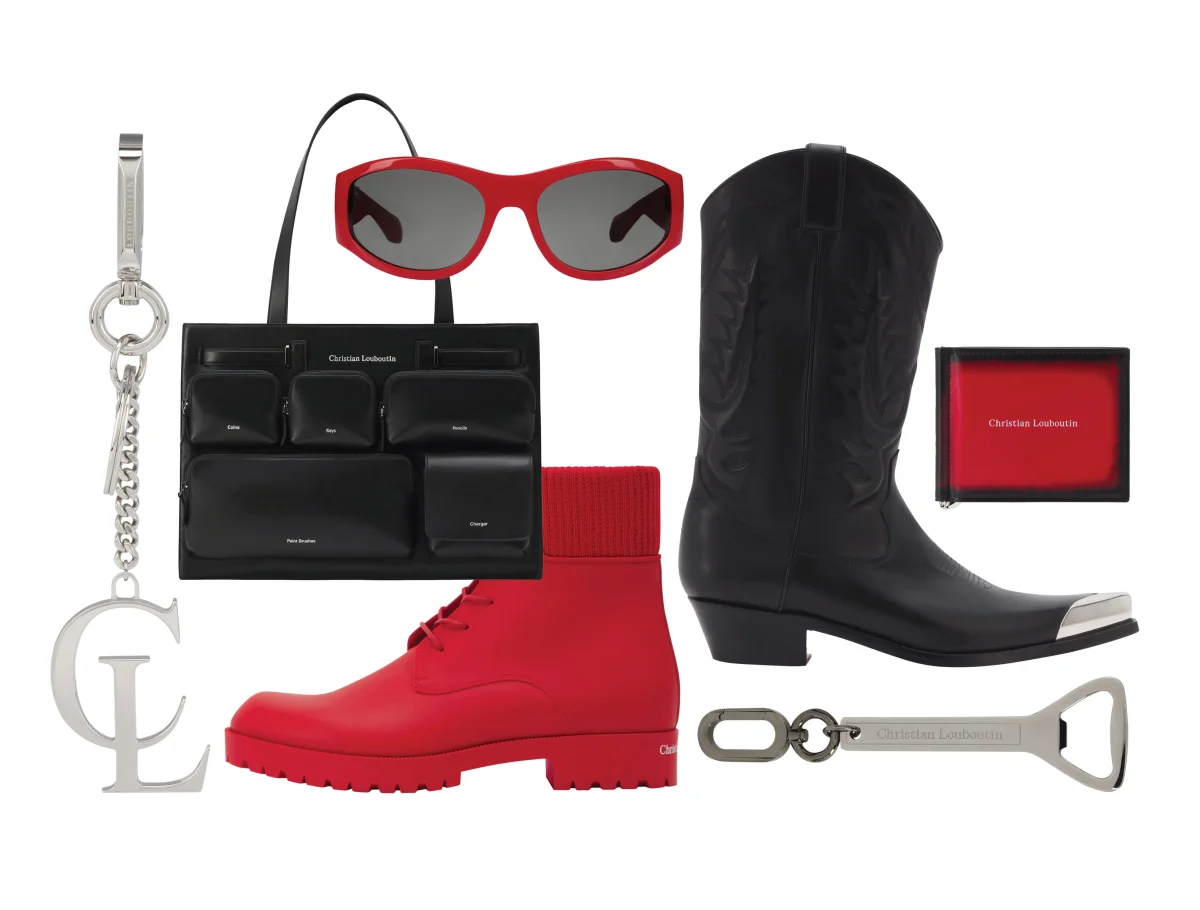 A collection of fashion accessories including boots, bag, sunglasses, and keychain, featuring vibrant colors and luxury branding.