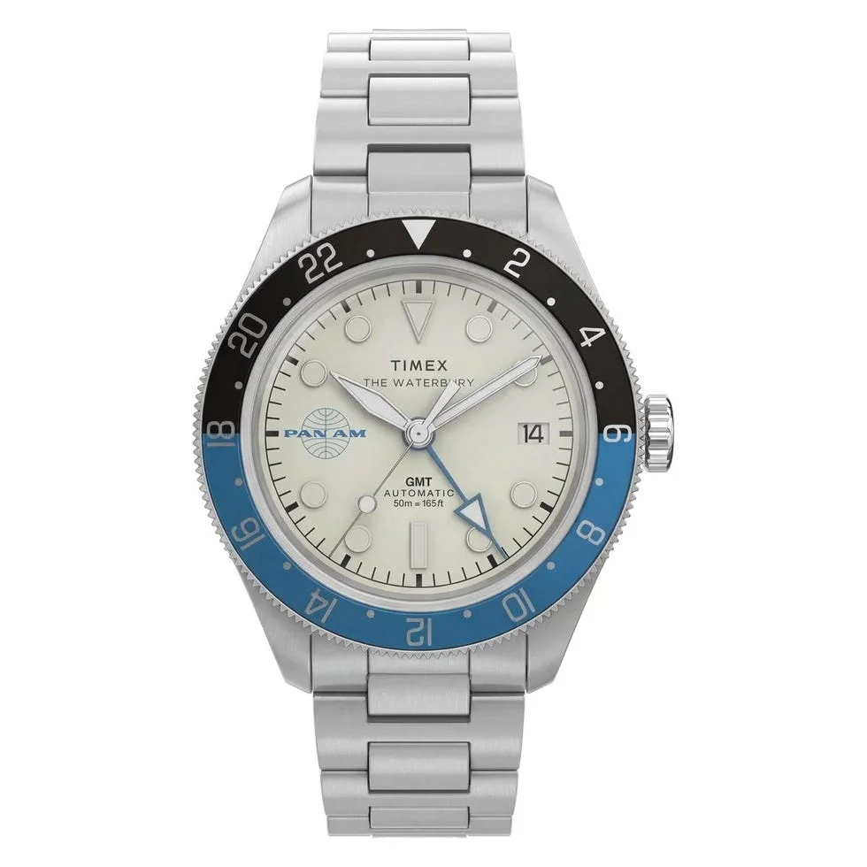 timex waterbury gmt watch with blue and black bezel and stainless steel bracelet.