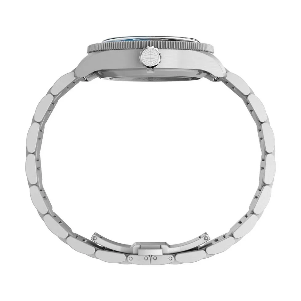side view of a silver watch with a metal band and detailed crown.