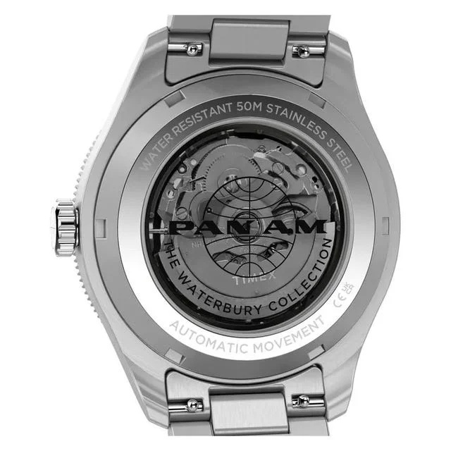back view of stainless steel automatic watch labeled 'Pan Am The Waterbury Collection' with visible gears.